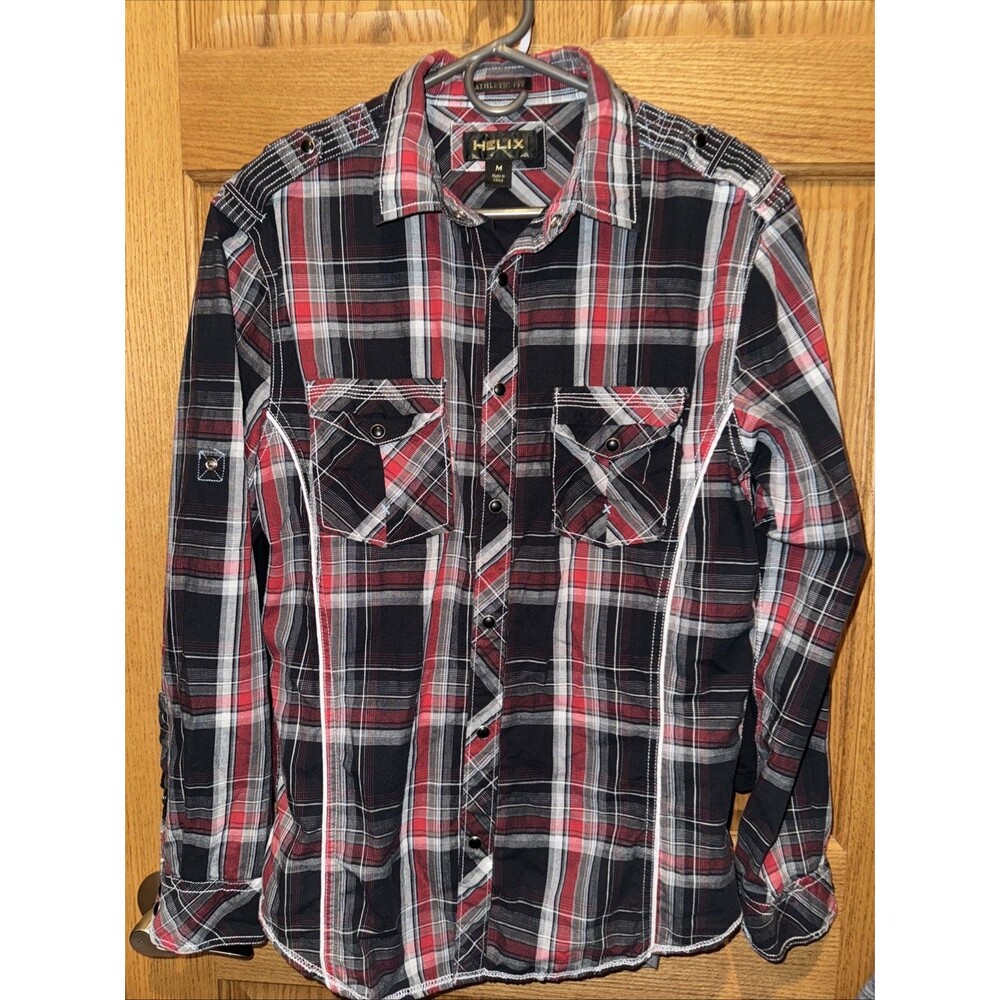 BKE Helix Pearl Snap Western Shirt Men's Med Athletic Fit Black Red Plaid LS Y2K